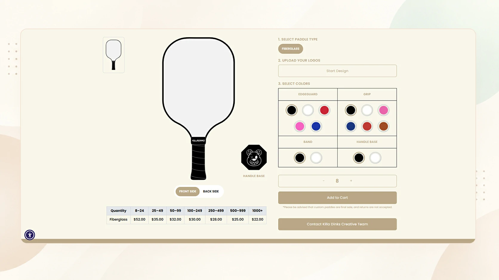Killa Dinks custom-branded storefront homepage with a 3D custom paddle showcase