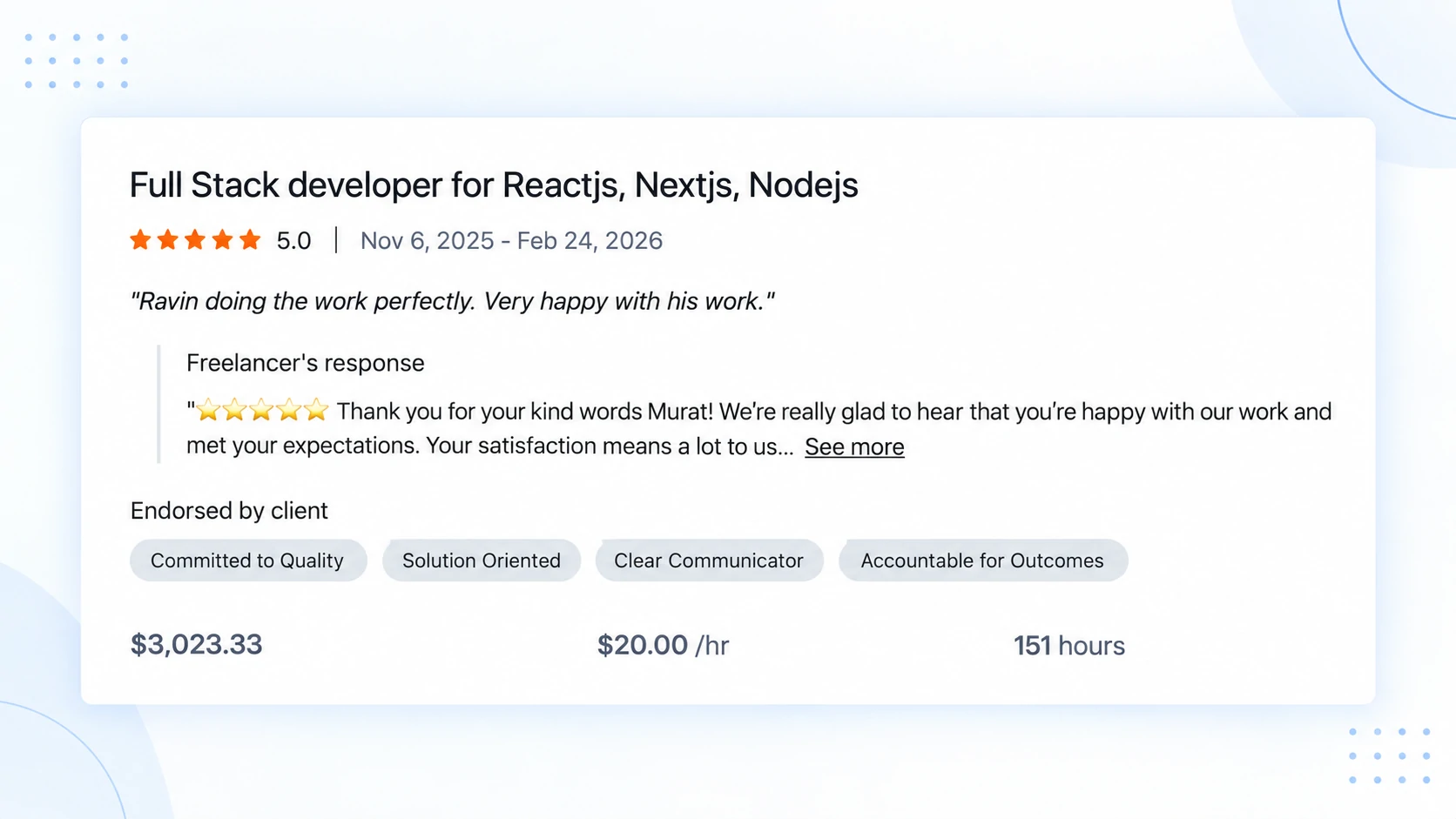 Five-star Upwork review: Ravin doing the work perfectly