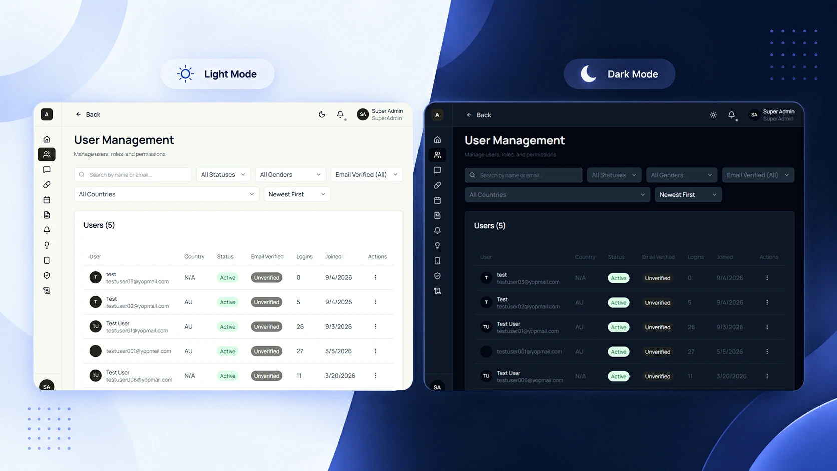 Taykie admin user management screen shown in light and dark mode